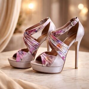 Nine West Strappy Floral Platform Stiletto Heels Satin Beige Pink Purple